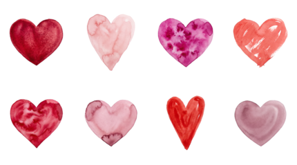 Watercolor Heart Elements Set, Hand Painted Crimson Pink Purple Red Shapes, Organic Textured Brush Stroke Illustration