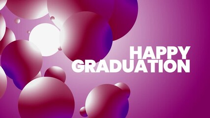 Happy graduation announcement with 3D purple balloons on a gradient background, conveying a joyful and celebratory mood.
