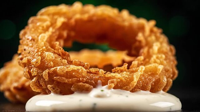 Close-Up Presents a Golden-Brown Onion Ring Sitting atop Creamy White Sauce.