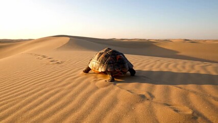 A Tortoise Traverses Rolling Sand Dunes Under a Clear, Sunny Desert Sky.