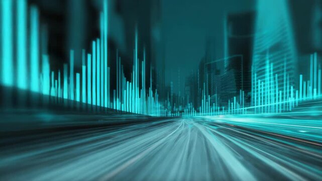Futuristic city skyline turquoise light trail motion blur abstract data visualization speed perspective dynamic urban night neon cityscape digital waveform perspective turquoise color speed concept