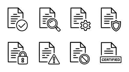 Document with checkmark magnifying glass gear shield lock warning sign prohibition and certified stamp