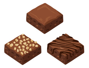 Fototapeta premium Isometric chocolate brownies plain with nuts and drizzled with chocolate dessert sweet