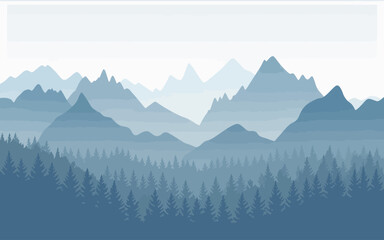 Layered blue mountain range silhouette with evergreen forest foreground and white sky