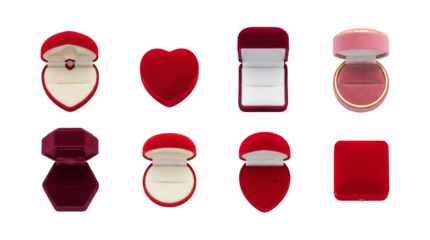 Red Velvet Jewelry Box Collection featuring Heart Hexagon Square and Round Ring Cases Isolated Top View