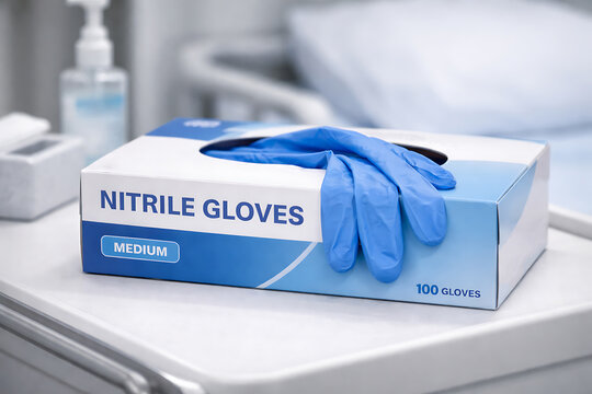 Box of nitrile gloves on clinical counter, disposable ppe packaging, infection control supplies and procurement stock for hospital safety programs