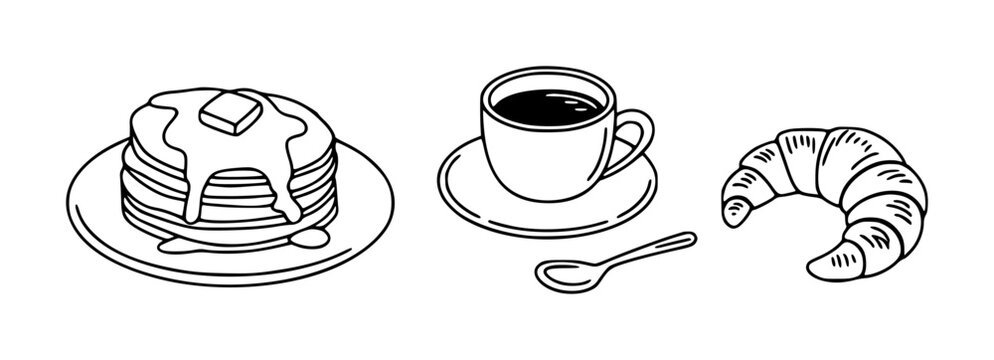 Stack of pancakes with butter and syrup next to a coffee cup and croissant with spoon breakfast food