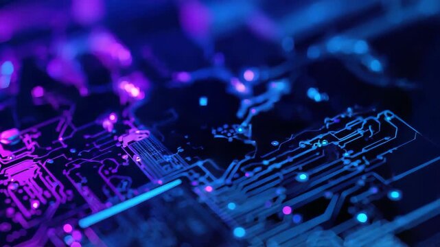 Neon glowing circuit board closeup with electronic chip and luminous trace in blue purple ambient