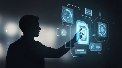 A shadowy silhouette of a man interacts with a futuristic blue holographic user interface in a dark digital space.