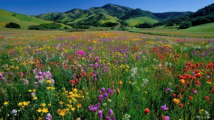 Vibrant Meadow of Wildflowers with Rolling Green Hills Under Clear Blue Sky in Springtime with Colorful Florals and Abundant Vegetation in Daytime