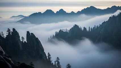 Foggy mountain range with pine trees.