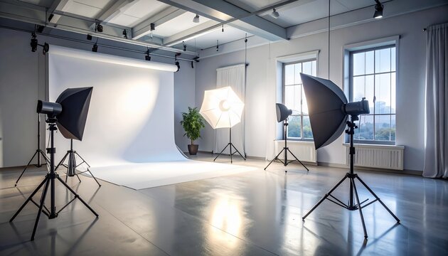 Bright and spacious photography studio with professional lighting equipment.