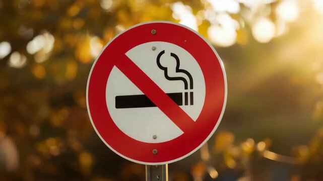 No smoking sign outdoors warm sunlight with bokeh and park sunset calm prohibition warning cigarette
