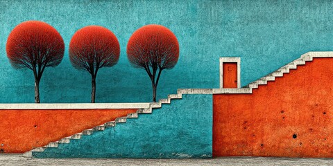 Vivid Abstract Landscape with Three Red Trees Orange Structure and White Stairs Against Teal Blue Background a Doorway Visible