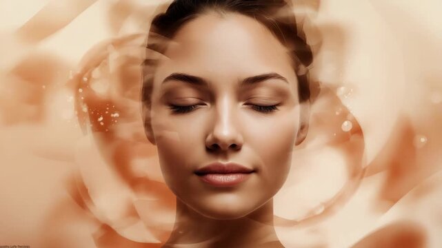 Serene woman closed eye peaceful portrait with glowing skin and soft warm peach swirl