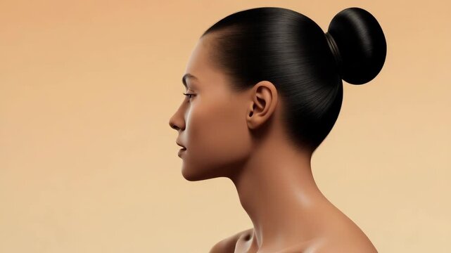 Young woman profile portrait with smooth skin and sleek bun hairstyle soft pastel glow serene