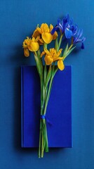 Yellow and Blue Iris Flowers on a Navy Blue Book Laying on Textured Blue Background for Support Ukraine