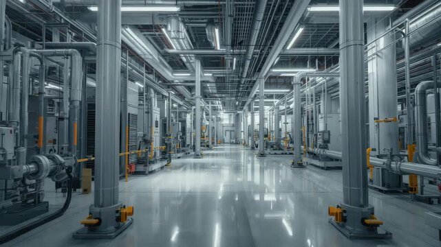 Industrial plant interior stainless steel pipe machinery polished floor columns high tech