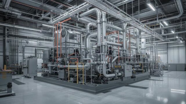 Industrial chiller machine piping stainless mechanical plant with pumps control panels and clean