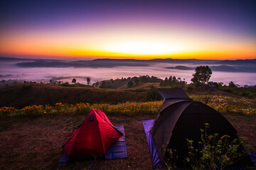 camping in the mountains on early morning.