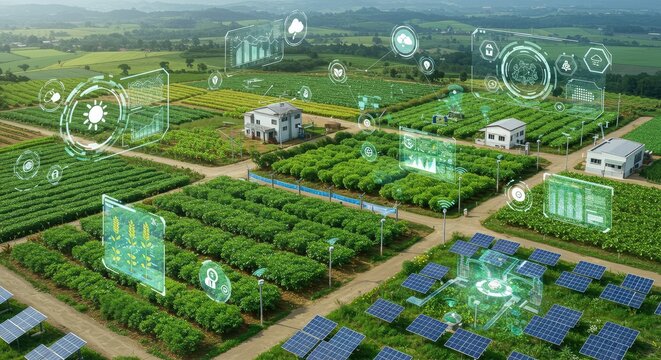 Revolutionary smart farm using solar power with advanced data analytics for sustainable agriculture and increased crop yield in the countryside, offering innovation - Powered by Adobe