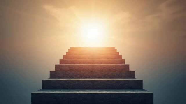 Staircase stair ascending toward sunrise glow, warm sky light and hopeful atmosphere