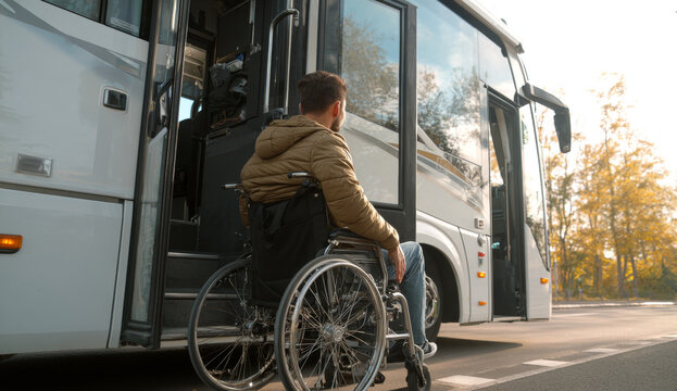 Person in a wheelchair disembarking from a motorhome on a paved road during autumn with golden foliage in the background