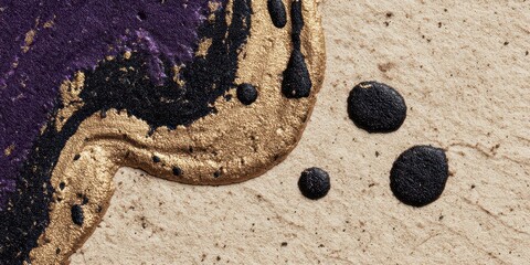 Abstract Close Up Of Glittering Purple And Gold Fluid With Dark Drops On Textured Beige Surface