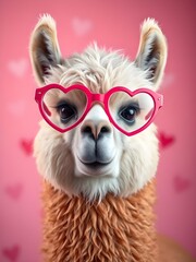 Obraz premium a llama wearing heart shape glasses in a pink valentine's day color background