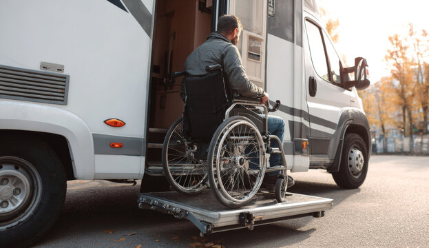 Person in a wheelchair disembarks from a motorhome using a wheelchair lift during daytime with autumn foliage in the background