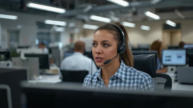 Customer service agent headset call center representative smiling focused in modern open office