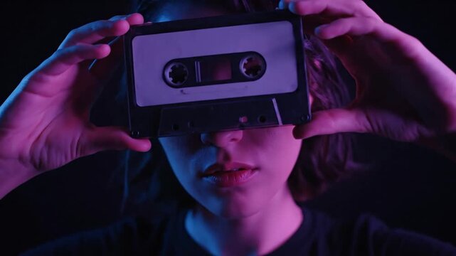 Woman holding cassette tape in front of face in dark room