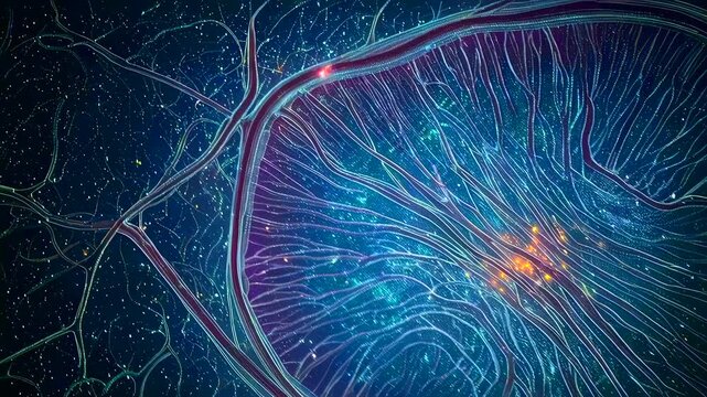 retinal nerve fiber network glowing with bioluminescent tracers and radial photoreceptor arrays, vivid crosssection of optic structure showing axon bundles and vascular detail