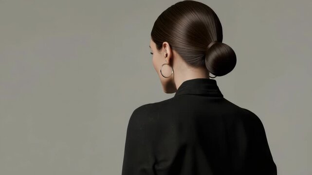 Elegant woman with sleek bun and hoop earring in black jacket back view, serene profile hairstyle