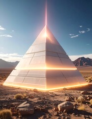 Luminous pyramid in a desert landscape with glowing accents and light beam