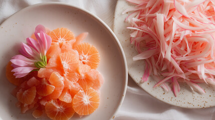 Fresh fruit and vegetable preparation on a kitchen table for meal serving