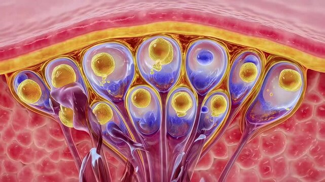 sweat gland cluster embedded under skin surface showing ducts and secretory bulbs, crosssection of dermis and epidermis with sebaceous structures and pore activity, educational visual