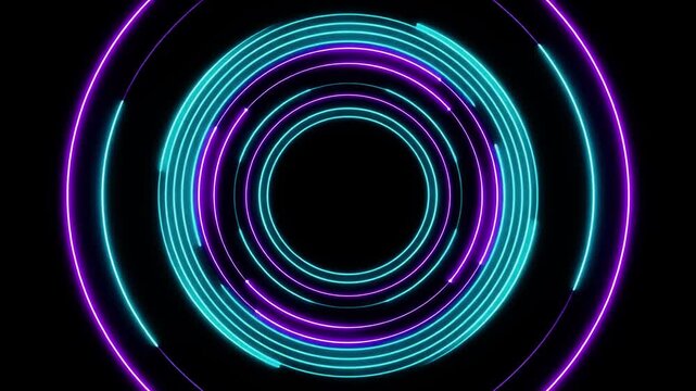 Abstract Neon Segmented Circle Loop, Blue and Pink Glowing Dashed Rings Rotation