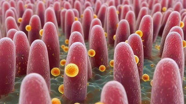 Microscopic intestinal villi covered in bacteria, showing nutrient absorption on mucosal surface, yellow spherical microbes attaching to pink villi, closeup microscopy style, highdetail