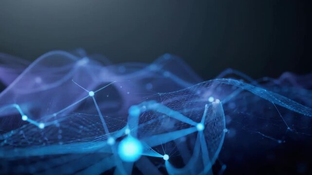 Abstract blue network wave with glowing node connection and digital flowing mesh conveying