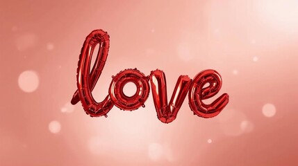 Red metallic foil balloon spelling LOVE, floating gently, soft pastel pink background, subtle heart bokeh, romantic lighting, high detail, realistic photography, Valentine theme