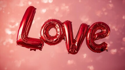 Red metallic foil balloon spelling LOVE, floating gently, soft pastel pink background, subtle heart bokeh, romantic lighting, high detail, realistic photography, Valentine theme