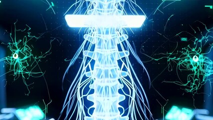 glowing spinal column with neural mapping overlays in advanced lab environment showing realtime signals and diagnostic readouts neurologist conducts mapping for functional assessment - Powered by Adobe