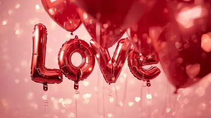 Close Up Red metallic foil balloon spelling LOVE, floating gently, soft pastel pink background, subtle heart bokeh, romantic lighting, high detail, realistic photography, Valentine theme