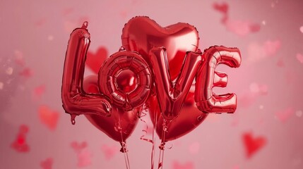 Red metallic foil balloon spelling LOVE, floating gently, soft pastel pink background, subtle heart bokeh, romantic lighting, high detail, realistic photography, Valentine theme