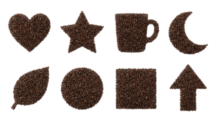 Coffee Bean Concept Set Featuring Heart Star Mug Moon and Leaf Shapes over White Background