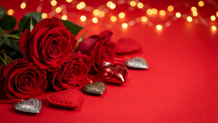 Roses and Hearts on Red Romantic Valentine's Day Still Life with Bokeh Background