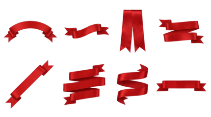 Realistic Red Satin Ribbon Banner Set with Arch Wave Scroll and Fold Shapes for Celebration Design