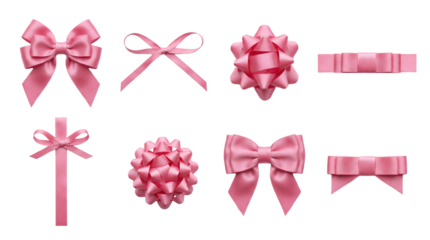 Pink Ribbon Gift Bow Collection Set Featuring Satin Knots Rosettes and Decorative Ornaments Isolated on White Background