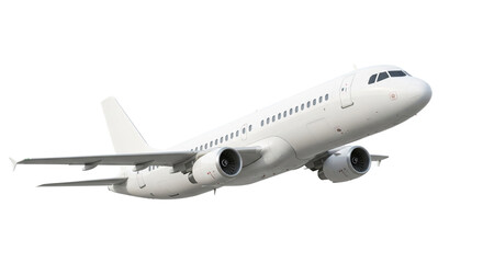 Obraz premium White commercial airplane flying upwards in clear sky with two engines